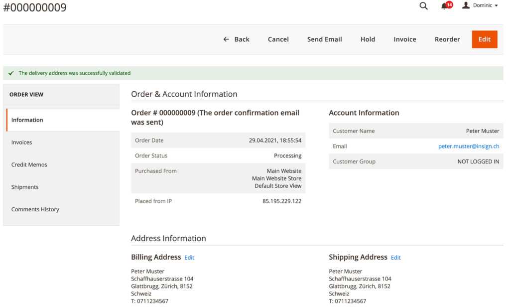 Magento-Plugin für die Schweizer Post: Automatische Adressvervollständigung Ansicht im Backend.